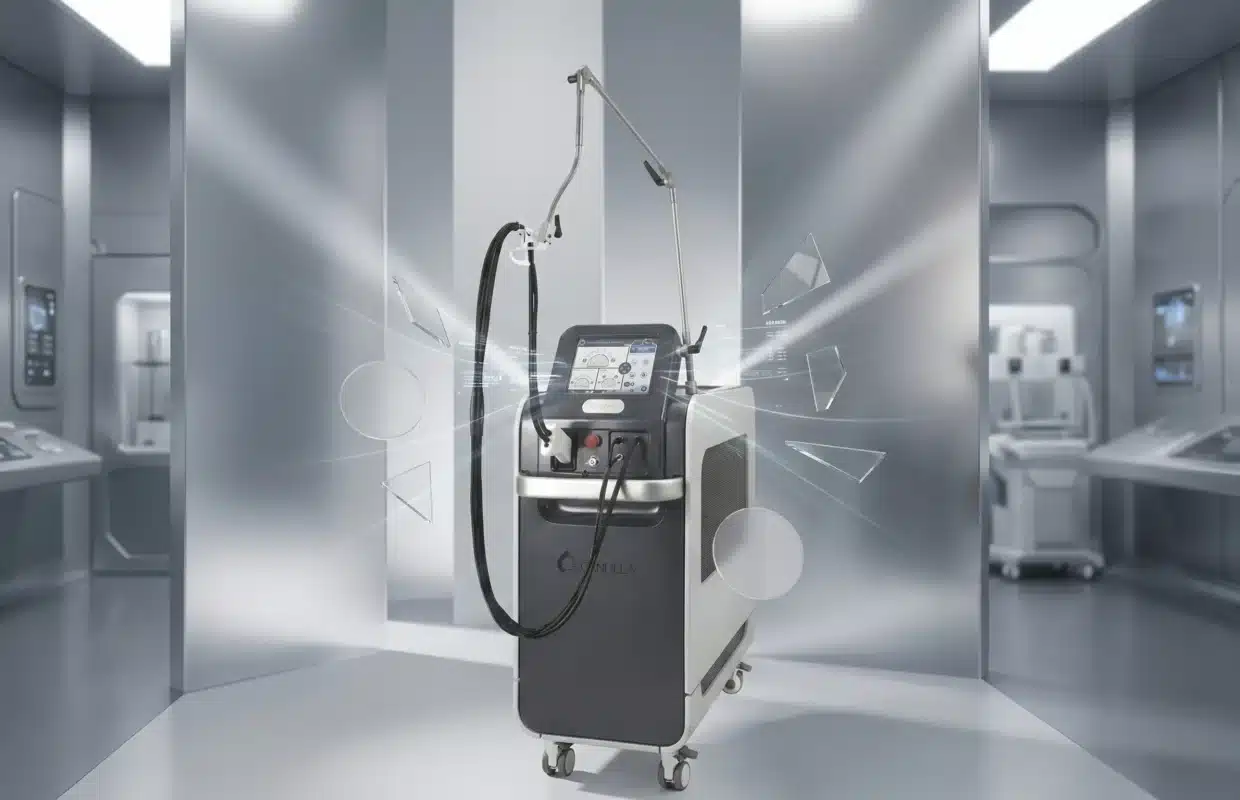 Professional doctor at modern clinic desk, reviewing content on laptop and smartphone, clean white medical office, warm lighting, no face shown, luxury medical aesthetic atmosphere, Ankara professional setting, 4K